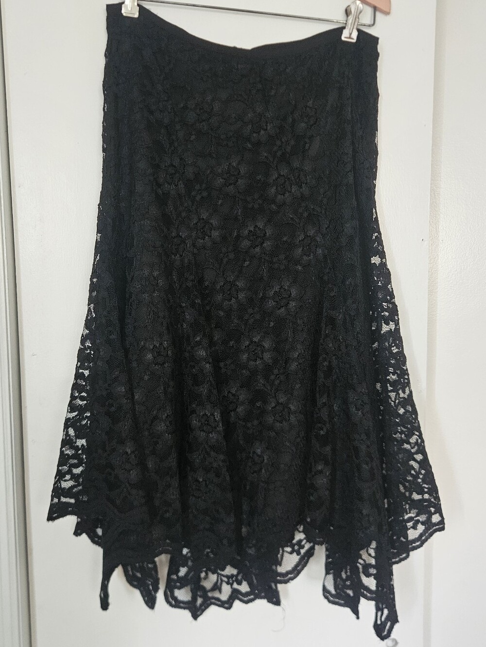 Whimsigoth Y2K Lace Womens Skirt 12 Floral Flare Midi Gothic Romantic Jagged Hem